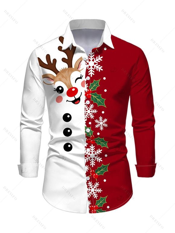 Christmas Couple Outfit Contrast Color Cute Elk Snowflake Print Bell Sleeve A Line Dress and Long Sleeve Shirt Holiday Set - Rouge S | US 4