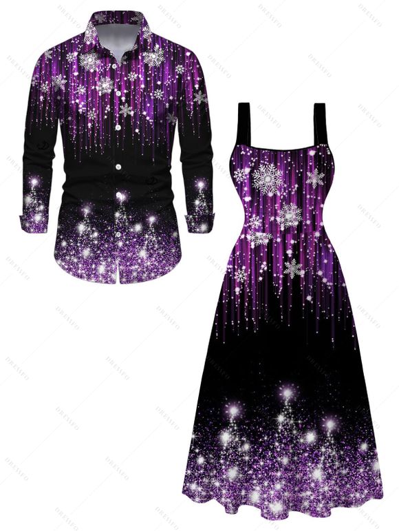Holiday Couple Outfit Ombre Christmas Tree Snowflake Aurora Stream Print Pocket Square Neck A Line Dress and Long Sleeve Shirt Set - Noir S | US 4