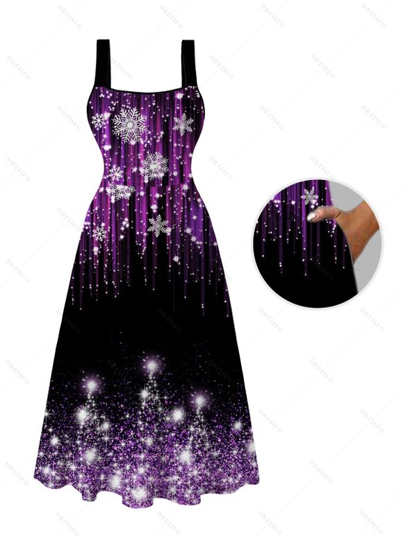 Holiday Couple Outfit Ombre Christmas Tree Snowflake Aurora Stream Print Pocket Square Neck A Line Dress and Long Sleeve Shirt Set - Noir S | US 4