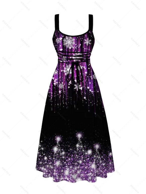 Holiday Couple Outfit Ombre Christmas Tree Snowflake Aurora Stream Print Pocket Square Neck A Line Dress and Long Sleeve Shirt Set - Noir S | US 4