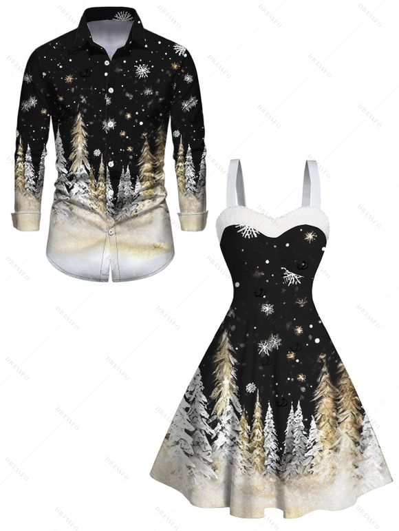 Holiday Couple Outfit Snowflake Christmas Tree Print Faux Fur A Line Dress and Long Sleeve Shirt Set - Noir S | US 4