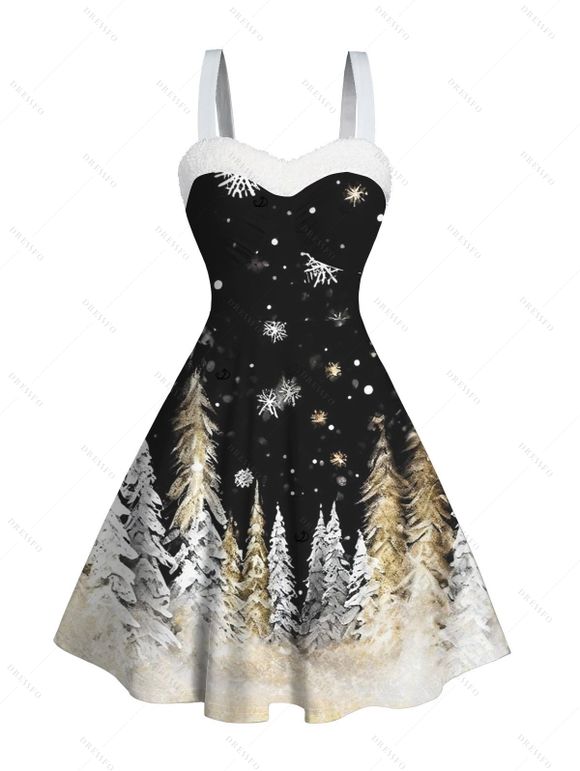 Holiday Couple Outfit Snowflake Christmas Tree Print Faux Fur A Line Dress and Long Sleeve Shirt Set - Noir S | US 4