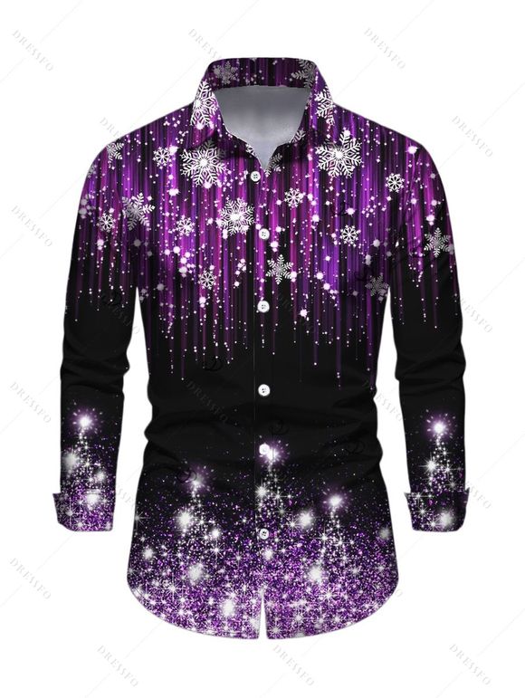 Holiday Couple Outfit Ombre Christmas Tree Snowflake Aurora Stream Print Pocket Square Neck A Line Dress and Long Sleeve Shirt Set - Noir S | US 4