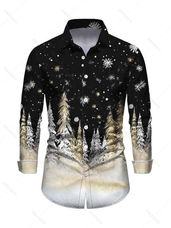 Holiday Couple Outfit Snowflake Christmas Tree Print Faux Fur A Line Dress and Long Sleeve Shirt Set - Noir S | US 4