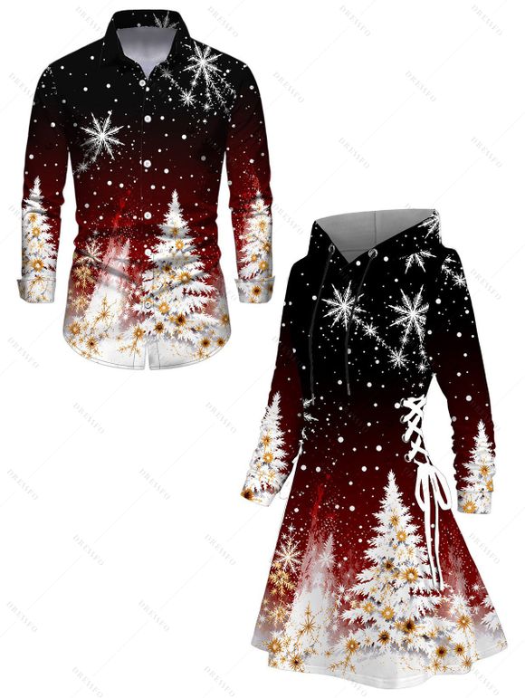 Christmas Couple Outfit Ombre Snowflake Christmas Tree Print Lace Up Drawstring A Line Hoodie Dress and Long Sleeve Shirt Set - Noir S | US 4