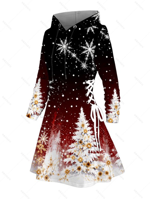 Christmas Couple Outfit Ombre Snowflake Christmas Tree Print Lace Up Drawstring A Line Hoodie Dress and Long Sleeve Shirt Set - Noir S | US 4