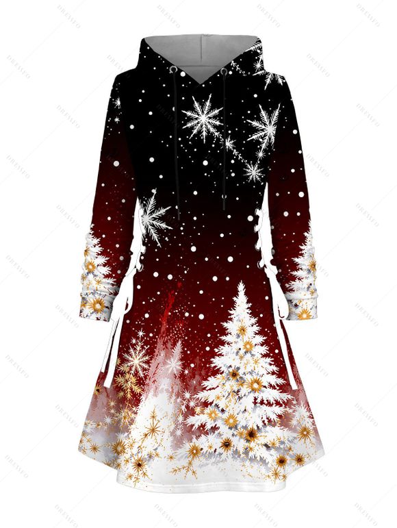 Christmas Couple Outfit Ombre Snowflake Christmas Tree Print Lace Up Drawstring A Line Hoodie Dress and Long Sleeve Shirt Set - Noir S | US 4
