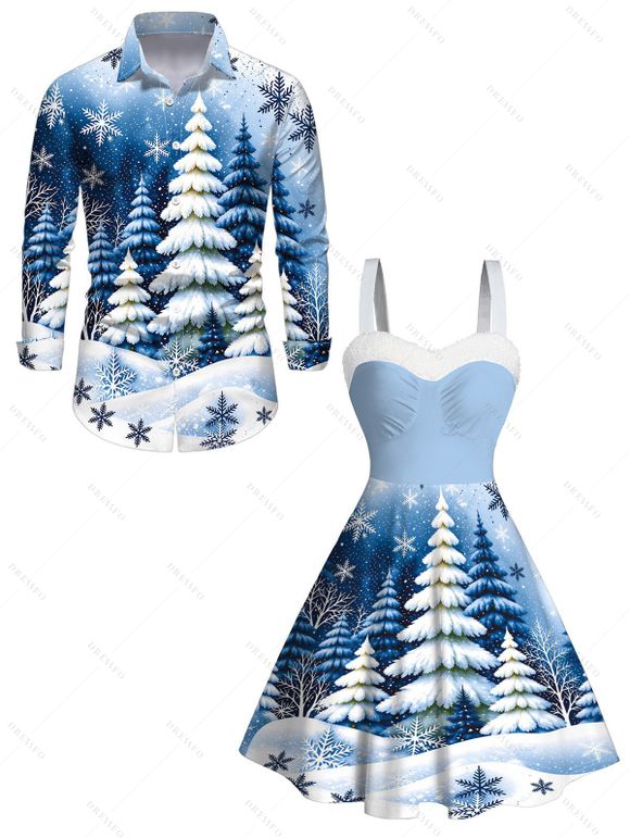 Holiday Couple Outfit Christmas Tree Snowflake Landscape Print Faux Fur A Line Dress and Long Sleeve Shirt Set - Bleu clair S | US 4