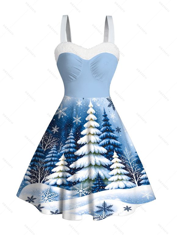Holiday Couple Outfit Christmas Tree Snowflake Landscape Print Faux Fur A Line Dress and Long Sleeve Shirt Set - Bleu clair S | US 4