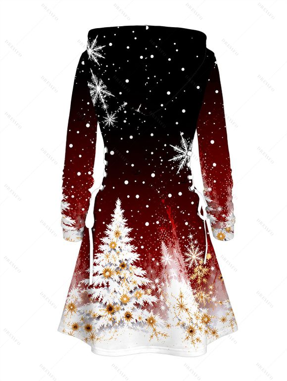 Christmas Couple Outfit Ombre Snowflake Christmas Tree Print Lace Up Drawstring A Line Hoodie Dress and Long Sleeve Shirt Set - Noir S | US 4