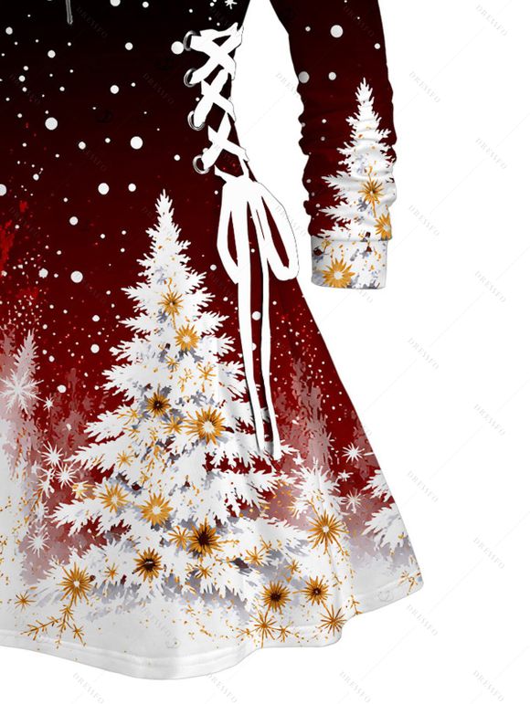 Christmas Couple Outfit Ombre Snowflake Christmas Tree Print Lace Up Drawstring A Line Hoodie Dress and Long Sleeve Shirt Set - Noir S | US 4