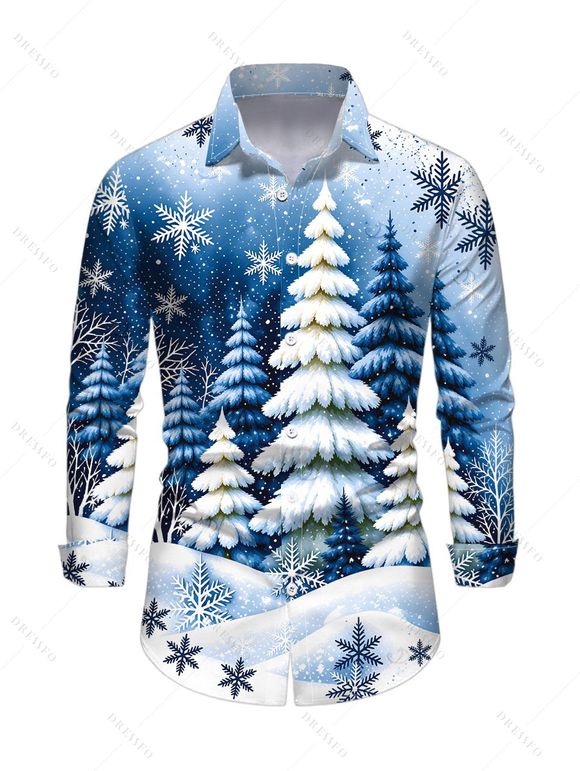 Holiday Couple Outfit Christmas Tree Snowflake Landscape Print Faux Fur A Line Dress and Long Sleeve Shirt Set - Bleu clair S | US 4