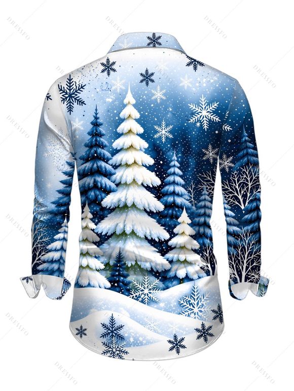 Holiday Couple Outfit Christmas Tree Snowflake Landscape Print Faux Fur A Line Dress and Long Sleeve Shirt Set - Bleu clair S | US 4