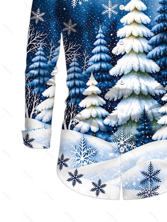 Holiday Couple Outfit Christmas Tree Snowflake Landscape Print Faux Fur A Line Dress and Long Sleeve Shirt Set - Bleu clair S | US 4