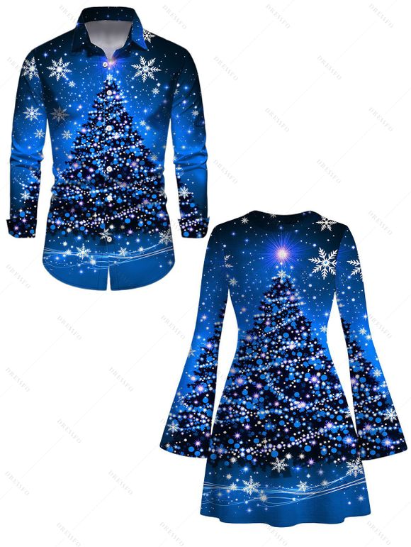 Holiday Couple Outfit Christmas Tree Snowflake Starry Sky Print Bell Sleeve A Line Dress and Long Sleeve Shirt Set - Bleu profond S | US 4