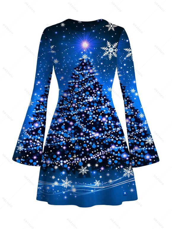 Holiday Couple Outfit Christmas Tree Snowflake Starry Sky Print Bell Sleeve A Line Dress and Long Sleeve Shirt Set - Bleu profond S | US 4