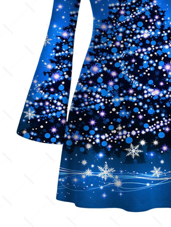 Holiday Couple Outfit Christmas Tree Snowflake Starry Sky Print Bell Sleeve A Line Dress and Long Sleeve Shirt Set - Bleu profond S | US 4