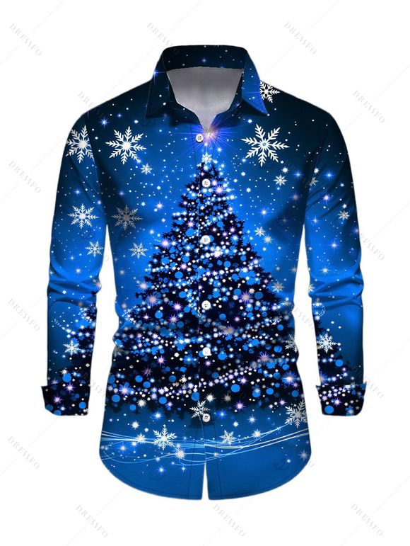 Holiday Couple Outfit Christmas Tree Snowflake Starry Sky Print Bell Sleeve A Line Dress and Long Sleeve Shirt Set - Bleu profond S | US 4