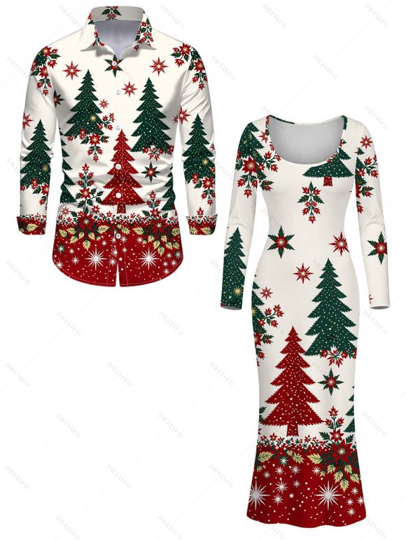Holiday Couple Outfit Colorblock Christmas Tree Floral Snowflake Print U Neck Bodycon Dress and Long Sleeve Shirt Set - Beige S | US 4
