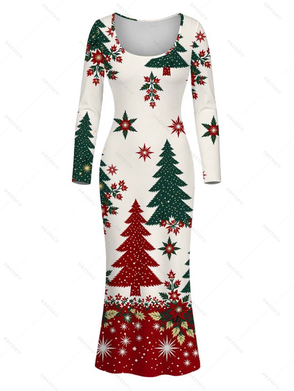 Holiday Couple Outfit Colorblock Christmas Tree Floral Snowflake Print U Neck Bodycon Dress and Long Sleeve Shirt Set - Beige S | US 4