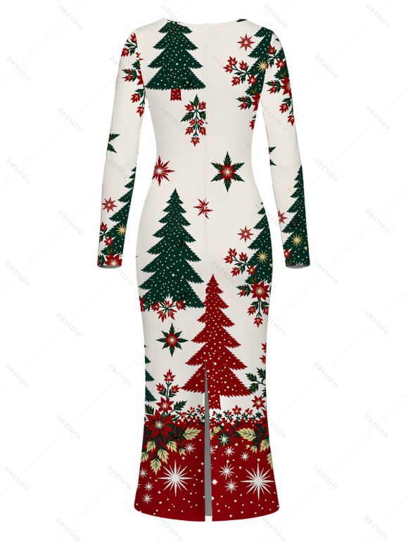 Holiday Couple Outfit Colorblock Christmas Tree Floral Snowflake Print U Neck Bodycon Dress and Long Sleeve Shirt Set - Beige S | US 4