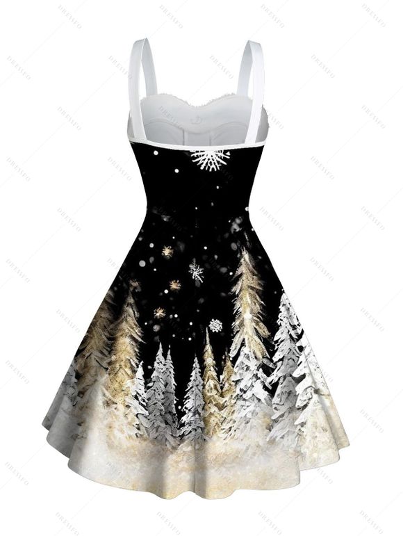 Holiday Dress Snowflake Christmas Tree Print Faux Fur A Line Vintage Party Dress - Noir XL | US 12