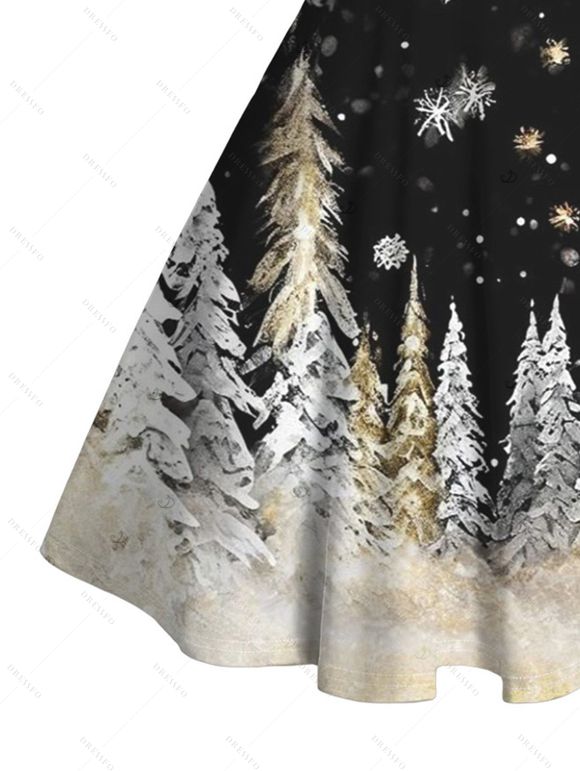 Holiday Dress Snowflake Christmas Tree Print Faux Fur A Line Vintage Party Dress - Noir XL | US 12