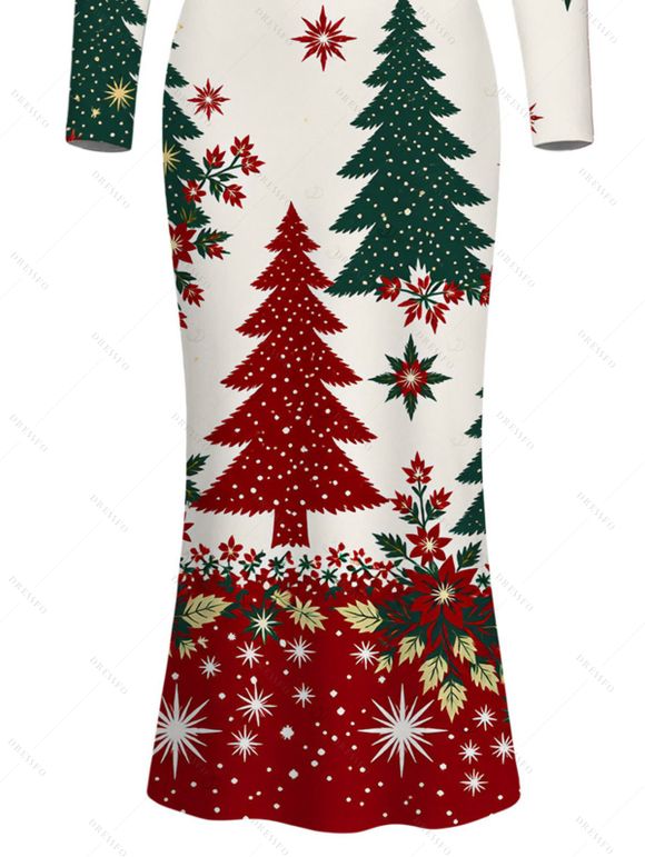 Holiday Dress Colorblock Christmas Tree Floral Snowflake Print U Neck Bodycon Dress - Beige L | US 8-10
