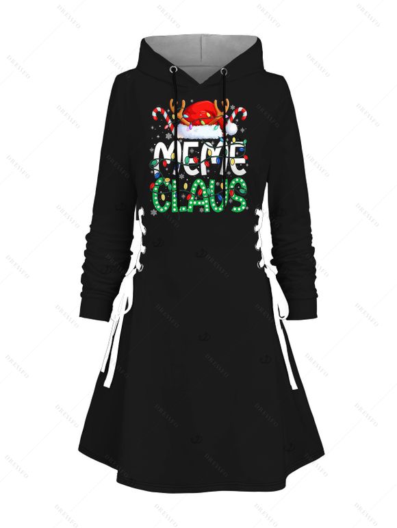 Holiday Hoodie Dress Christmas Hat with Elk Horn Letter Colored Light Chains Print Lace Up Drawstring A Line Dress with Hood - Noir XL | US 12