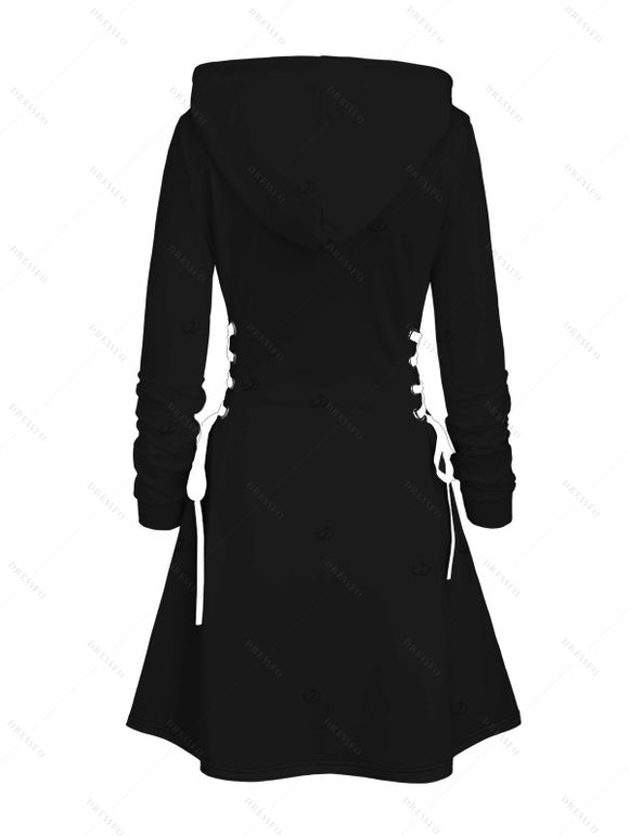 Holiday Hoodie Dress Christmas Hat with Elk Horn Letter Colored Light Chains Print Lace Up Drawstring A Line Dress with Hood - Noir XL | US 12