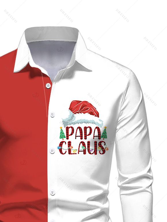 Men's Christmas Shirt Contrast Color Letter Christmas Tree Print Button Up Long Sleeve Holiday Shirt - Rouge S