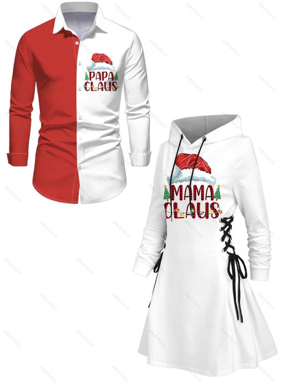 Christmas Couple Outfit Contrast Color Letter Christmas Tree Print Lace Up Drawstring A Line Hoodie Dress and Long Sleeve Shirt Set - Blanc S | US 4