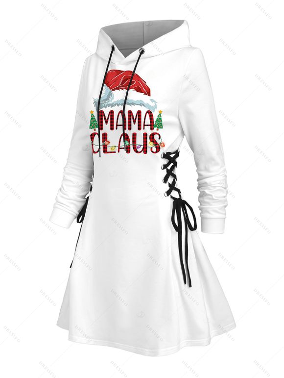 Christmas Couple Outfit Contrast Color Letter Christmas Tree Print Lace Up Drawstring A Line Hoodie Dress and Long Sleeve Shirt Set - Blanc S | US 4