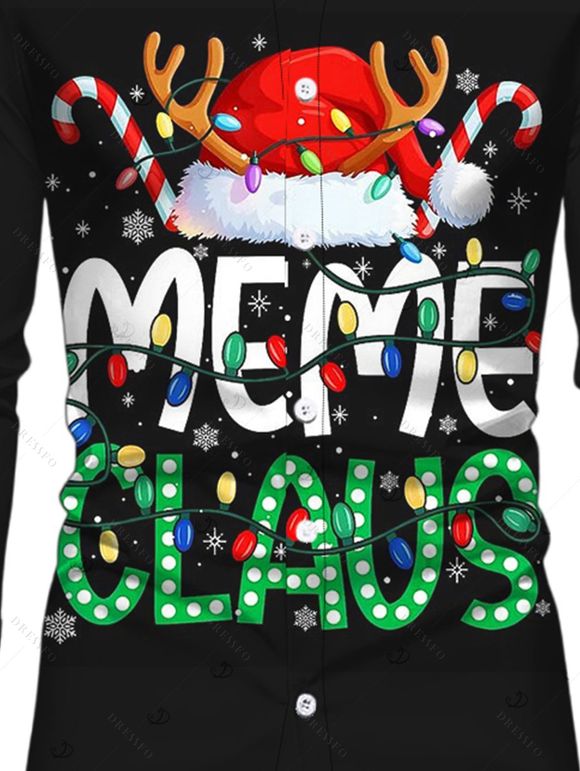 Men's Holiday Shirt Christmas Hat with Elk Horn Letter Colored Light Chains Print Button Up Long Sleeve Shirt - Noir 2XL