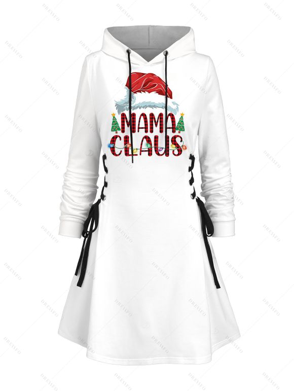 Christmas Couple Outfit Contrast Color Letter Christmas Tree Print Lace Up Drawstring A Line Hoodie Dress and Long Sleeve Shirt Set - Blanc S | US 4