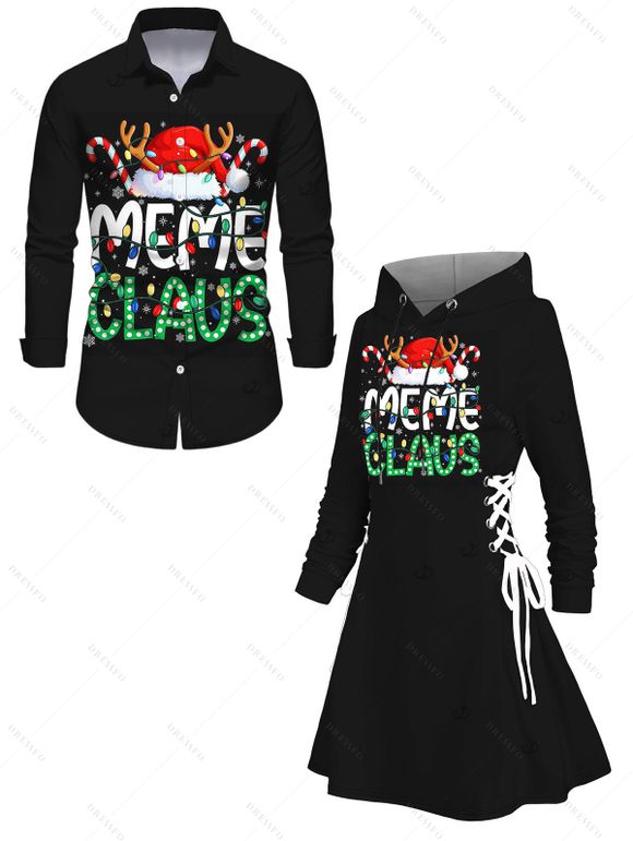 Holiday Couple Outfit Christmas Hat with Elk Horn Letter Colored Light Chains Print Lace Up Drawstring A Line Hoodie Dress and Long Sleeve Shirt Set - Noir S | US 4