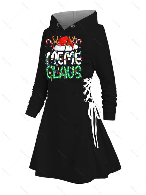 Holiday Couple Outfit Christmas Hat with Elk Horn Letter Colored Light Chains Print Lace Up Drawstring A Line Hoodie Dress and Long Sleeve Shirt Set - Noir S | US 4