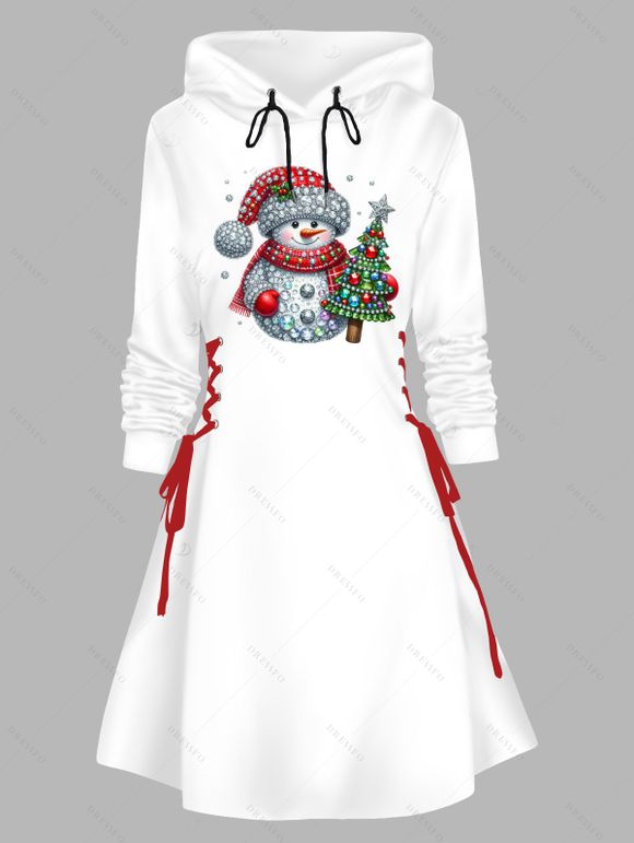 Holiday Hoodie Dress Cute Snowman Christmas Tree Print Lace Up Drawstring A Line Dress with Hood - Blanc XL | US 12
