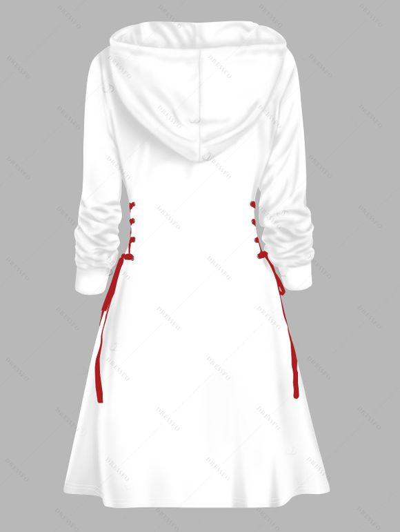 Holiday Hoodie Dress Cute Snowman Christmas Tree Print Lace Up Drawstring A Line Dress with Hood - Blanc XL | US 12