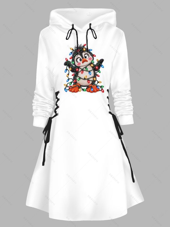 Christmas Hoodie Dress Cute Penguin with Colored Light Chains Print Lace Up Drawstring A Line Holiday Dress with Hood - Blanc L | US 8-10