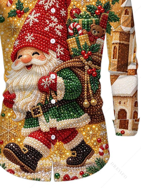 Men's Holiday Shirt Christmas Santa Claus with Christmas Hat Snowflake Shinny Beaded Print Button Up Long Sleeve Shirt - multicolor S