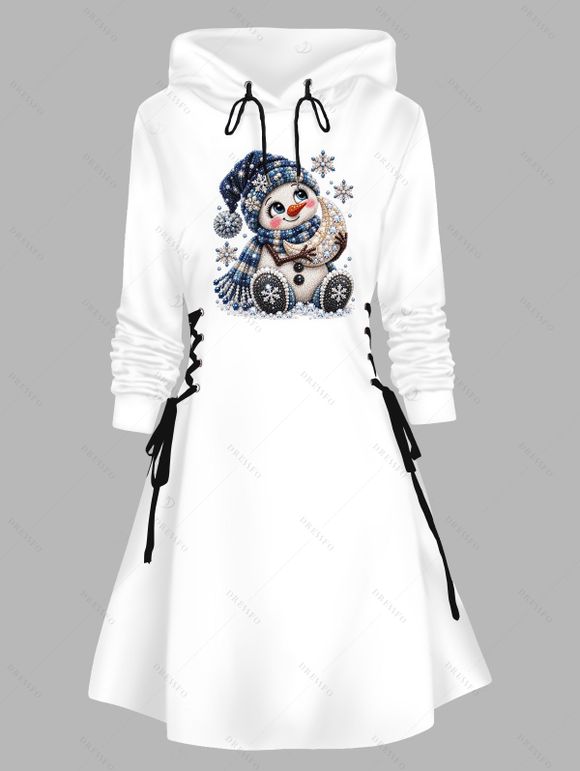 Christmas Hoodie Dress Cute Snowman with Plaid Scarf Hat Snowflake Print Lace Up Drawstring A Line Holiday Dress with Hood - Blanc S | US 4