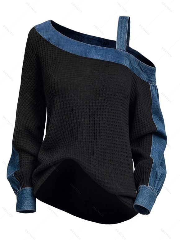 Casual Women Outfit Faux Denim Colorblock Patchwork Cold Shoulder Long Sleeve Top and Grommet Buckle Leggings Set - Noir S | US 4