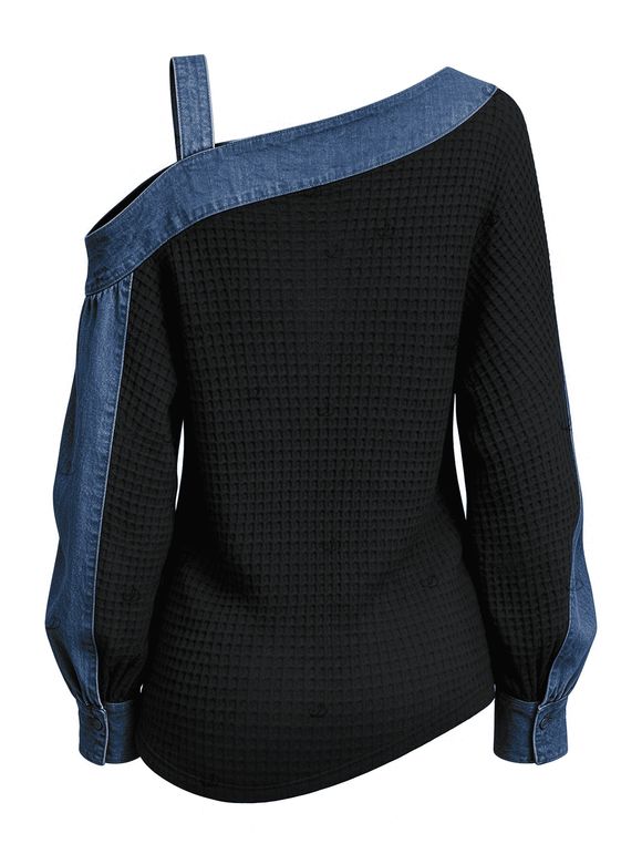 Casual Women Outfit Faux Denim Colorblock Patchwork Cold Shoulder Long Sleeve Top and Grommet Buckle Leggings Set - Noir S | US 4
