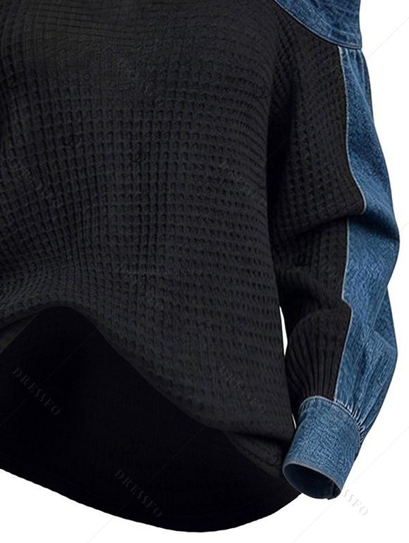 Casual Women Outfit Faux Denim Colorblock Patchwork Cold Shoulder Long Sleeve Top and Grommet Buckle Leggings Set - Noir S | US 4