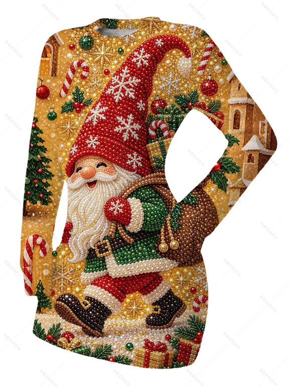Holiday Couple Outfit Santa Claus with Christmas Hat Snowflake Shinny Beaded Print Sweater Dress and Long Sleeve Shirt Set - multicolor S | US 4