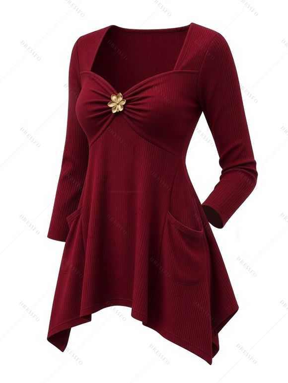 Daily Women Outfit Floral Decor Ruched Handkerchief Hem 3/4 Sleeve Top Fleece-Lined Slim Leggings and Faux Fur Boots Set - Rouge Vineux S | US 4