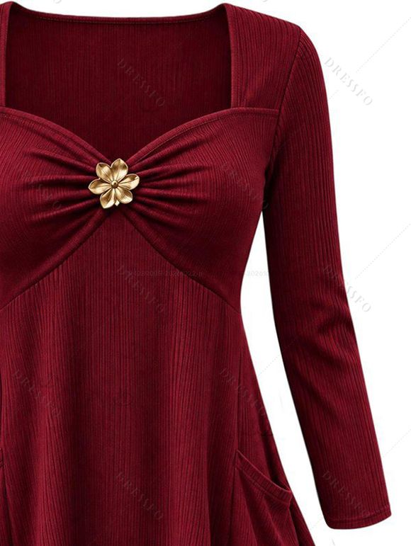 Daily Women Outfit Floral Decor Ruched Handkerchief Hem 3/4 Sleeve Top Fleece-Lined Slim Leggings and Faux Fur Boots Set - Rouge Vineux S | US 4