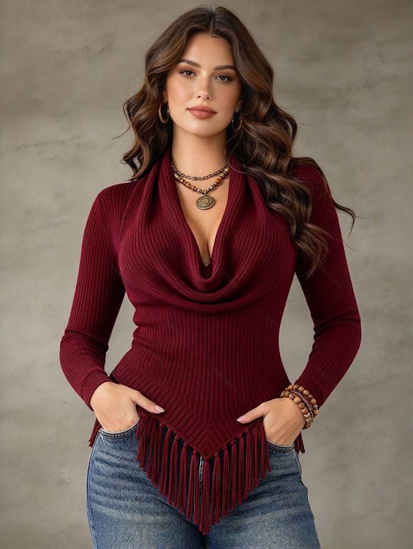 Casual Knitted Top Solid Color Cowl Neck Draped Tassel Long Sleeve Top - Rouge Vineux M | US 6