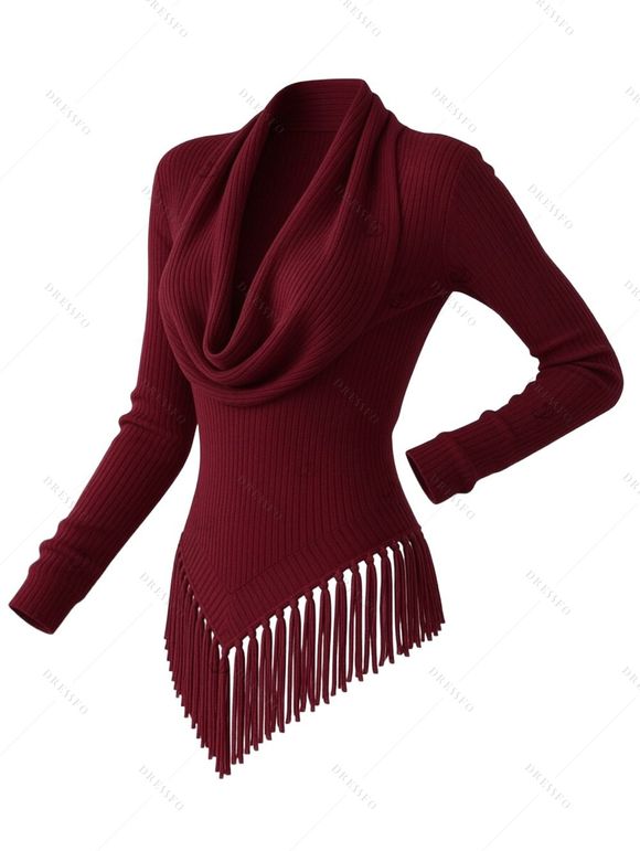Casual Knitted Top Solid Color Cowl Neck Draped Tassel Long Sleeve Top - Rouge Vineux M | US 6